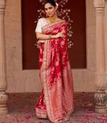 Red embroidered pure katan silk saree