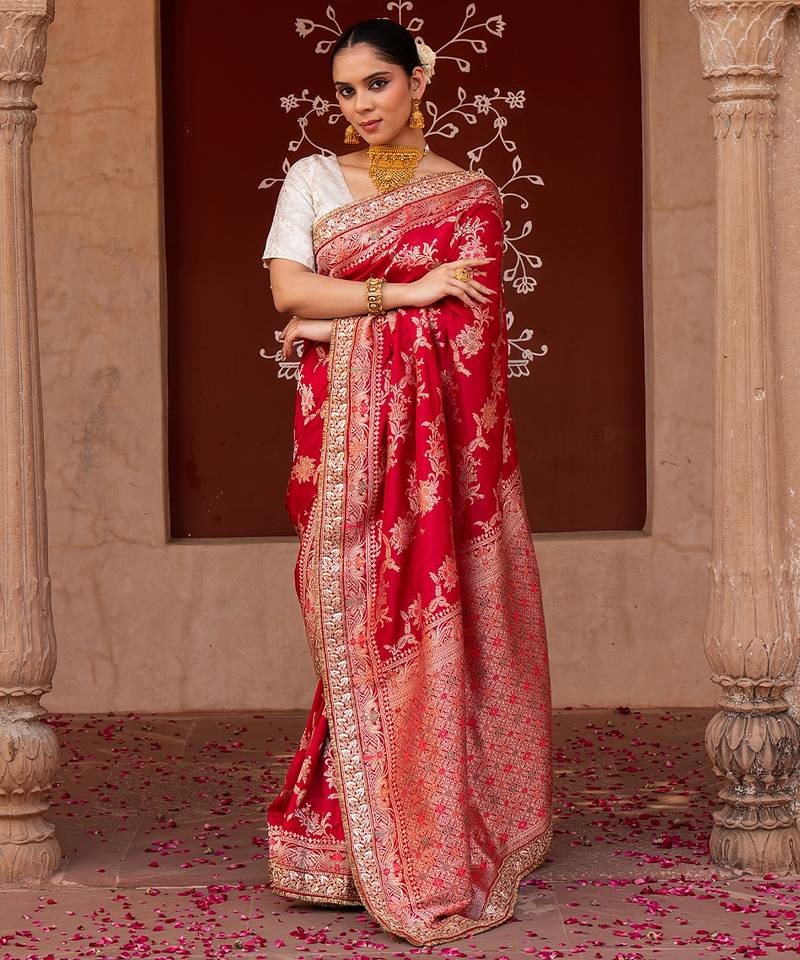 Red embroidered pure katan silk saree