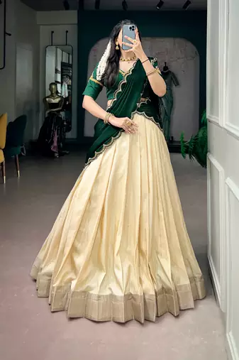 Women Cream & Dark Green Poly Kotha Tussar silk blend Onam Special Lehenga Choli with Embroidered Dupatta