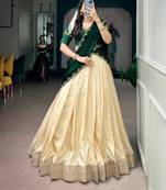 Women Cream & Dark Green Poly Kotha Tussar silk blend Onam Special Lehenga Choli with Embroidered Dupatta