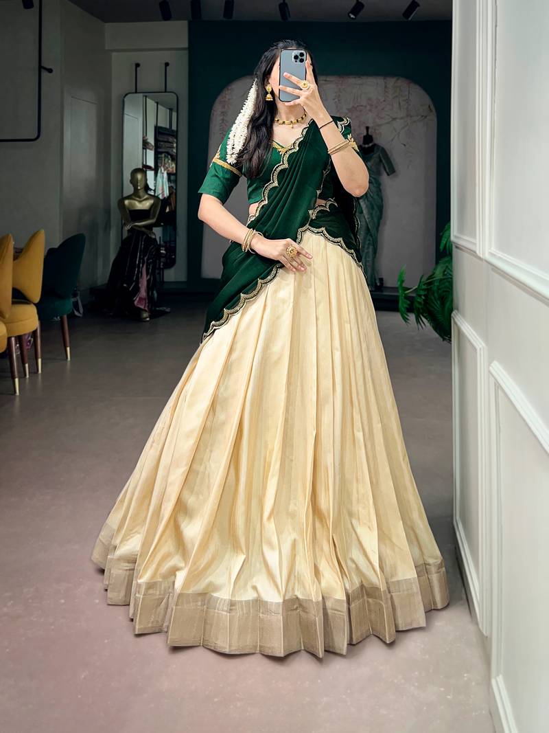 Women Cream & Dark Green Poly Kotha Tussar silk blend Onam Special Lehenga Choli with Embroidered Dupatta