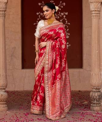 Red embroidered pure katan silk saree 2