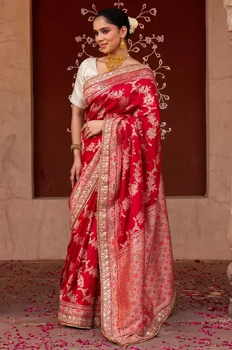 Red embroidered pure katan silk saree