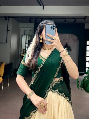 Women Cream & Dark Green Poly Kotha Tussar silk blend Onam Special Lehenga Choli with Embroidered Dupatta 2