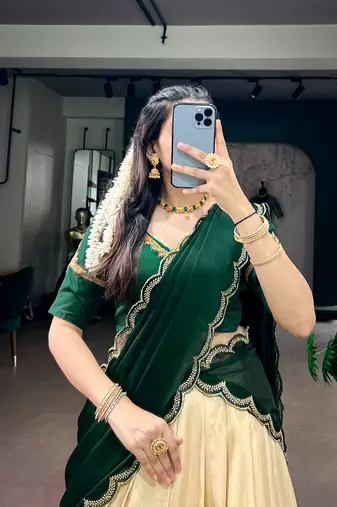Women Cream & Dark Green Poly Kotha Tussar silk blend Onam Special Lehenga Choli with Embroidered Dupatta