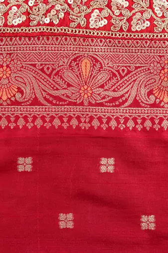 Red embroidered pure katan silk saree