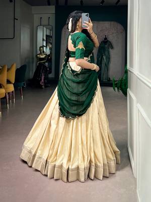 Women Cream & Dark Green Poly Kotha Tussar silk blend Onam Special Lehenga Choli with Embroidered Dupatta 3
