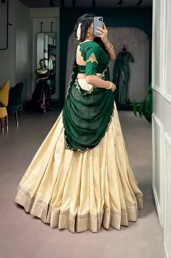 Women Cream & Dark Green Poly Kotha Tussar silk blend Onam Special Lehenga Choli with Embroidered Dupatta