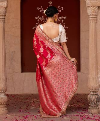 Red embroidered pure katan silk saree 4