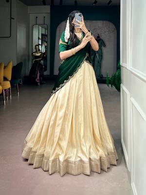 Women Cream & Dark Green Poly Kotha Tussar silk blend Onam Special Lehenga Choli with Embroidered Dupatta 4