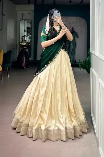 Women Cream & Dark Green Poly Kotha Tussar silk blend Onam Special Lehenga Choli with Embroidered Dupatta