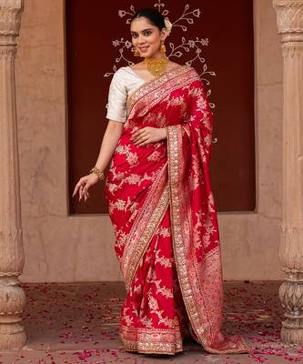 Red embroidered pure katan silk saree 5