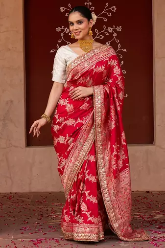 Red embroidered pure katan silk saree