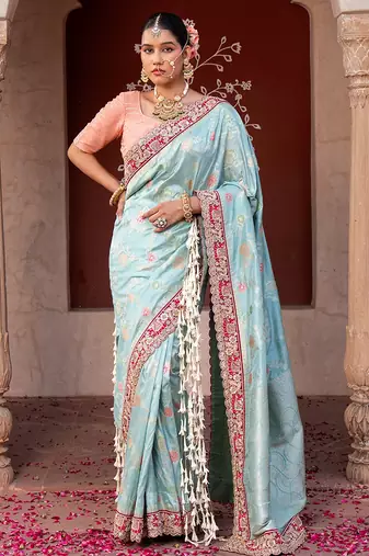 Sky blue embroidered pure katan silk saree
