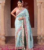 Sky blue embroidered pure katan silk saree