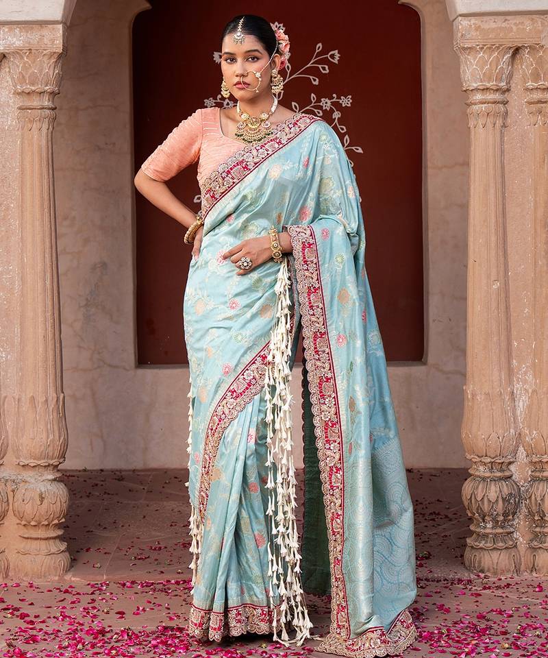 Sky blue embroidered pure katan silk saree