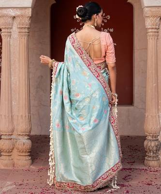 Sky blue embroidered pure katan silk saree 2