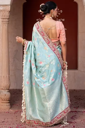 Sky blue embroidered pure katan silk saree