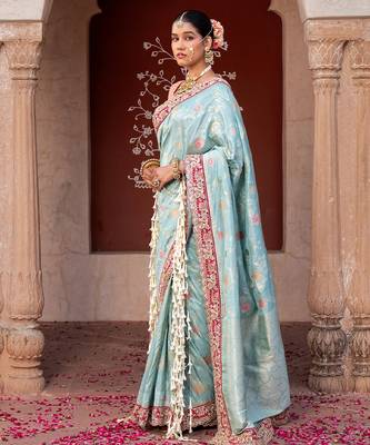 Sky blue embroidered pure katan silk saree 3