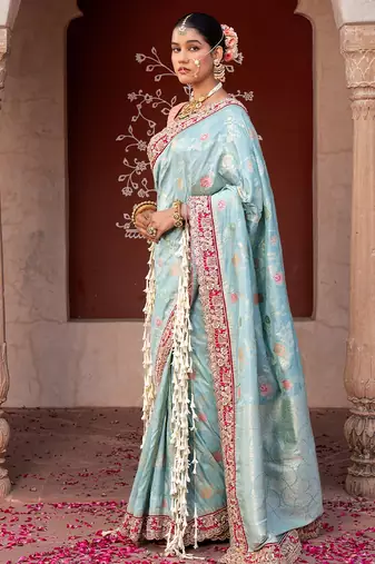 Sky blue embroidered pure katan silk saree