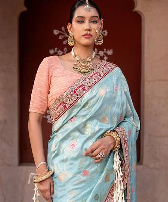 Sky blue embroidered pure katan silk saree 4