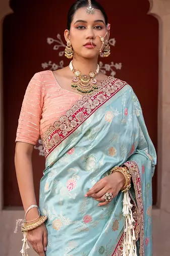 Sky blue embroidered pure katan silk saree