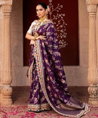 Purple embroidered pure katan silk saree 1