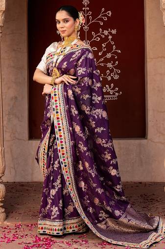 Purple embroidered pure katan silk saree