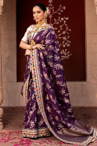 Purple embroidered pure katan silk saree