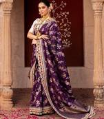 Purple embroidered pure katan silk saree