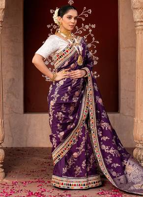 Purple embroidered pure katan silk saree 2