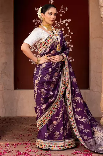 Purple embroidered pure katan silk saree