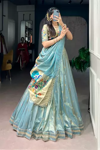 Women's Designer Paithani Silk Zari Woven Lehenga Choli with Paithani Border Dupatta