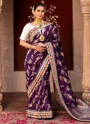 Purple embroidered pure katan silk saree 3