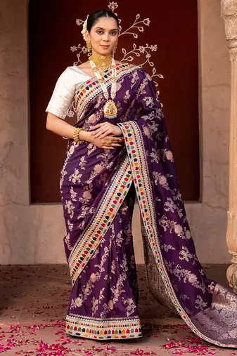 Purple embroidered pure katan silk saree