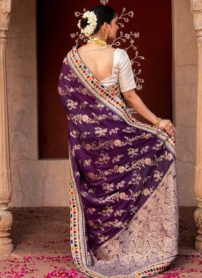 Purple embroidered pure katan silk saree 4