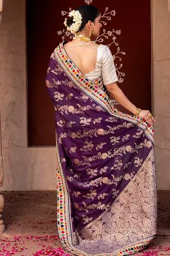 Purple embroidered pure katan silk saree