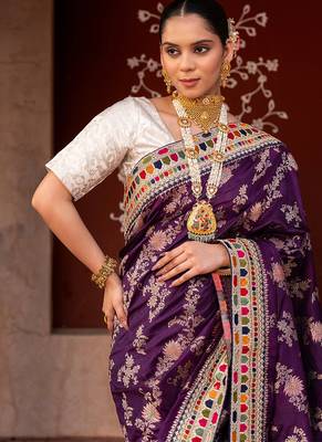 Purple embroidered pure katan silk saree 5