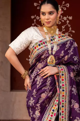 Purple embroidered pure katan silk saree