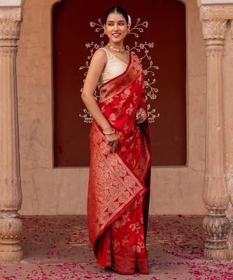 Red embroidered pure katan silk saree 1