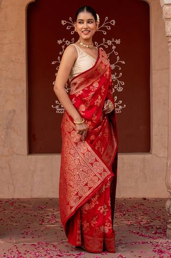 Red embroidered pure katan silk saree