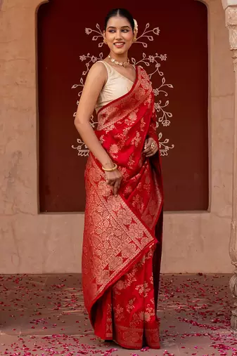 Red embroidered pure katan silk saree