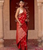 Red embroidered pure katan silk saree
