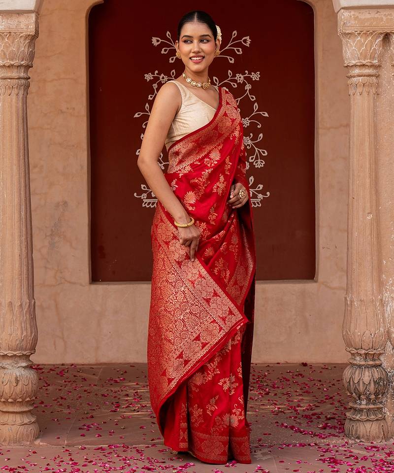 Red embroidered pure katan silk saree