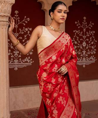 Red embroidered pure katan silk saree 2