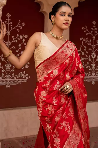 Red embroidered pure katan silk saree