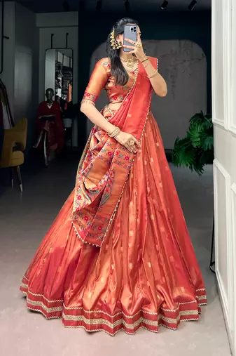 Women's Designer Paithani Silk Zari Woven Lehenga Choli with Paithani Border Dupatta
