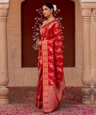 Red embroidered pure katan silk saree 3