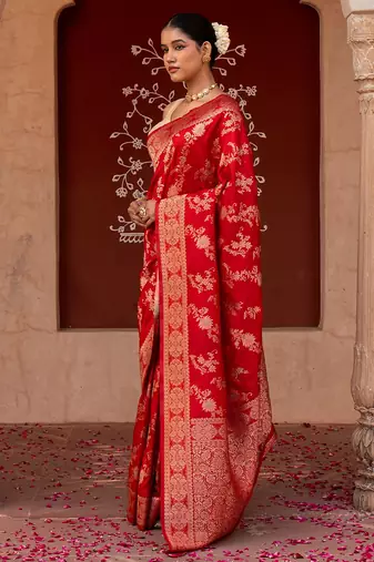 Red embroidered pure katan silk saree