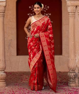 Red embroidered pure katan silk saree 4